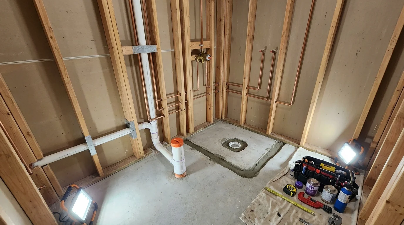 Bathroom rough-in plumbing during remodel by Johns Plumbing LLC in Euclid
