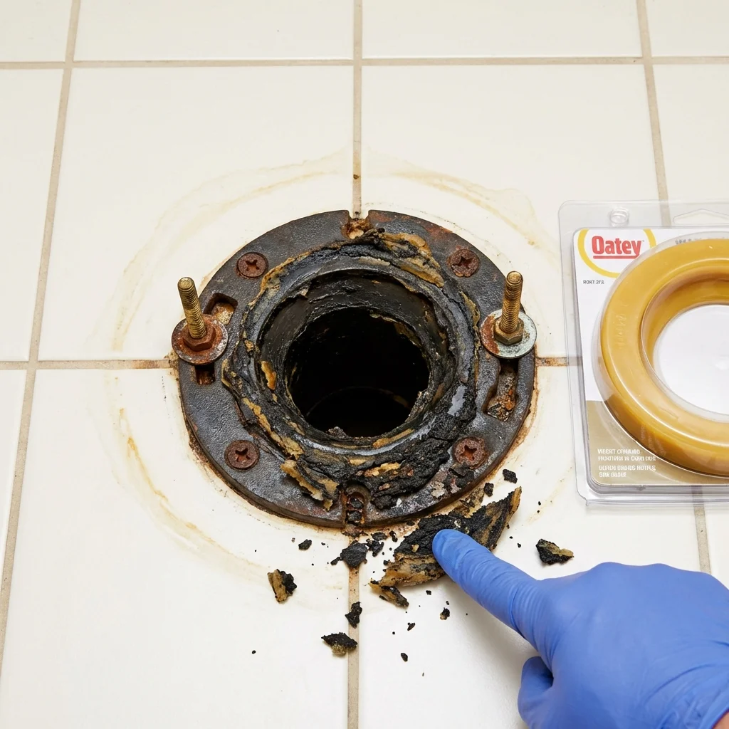 Failed wax ring showing water seepage at the base of a toilet in a Euclid, OH home