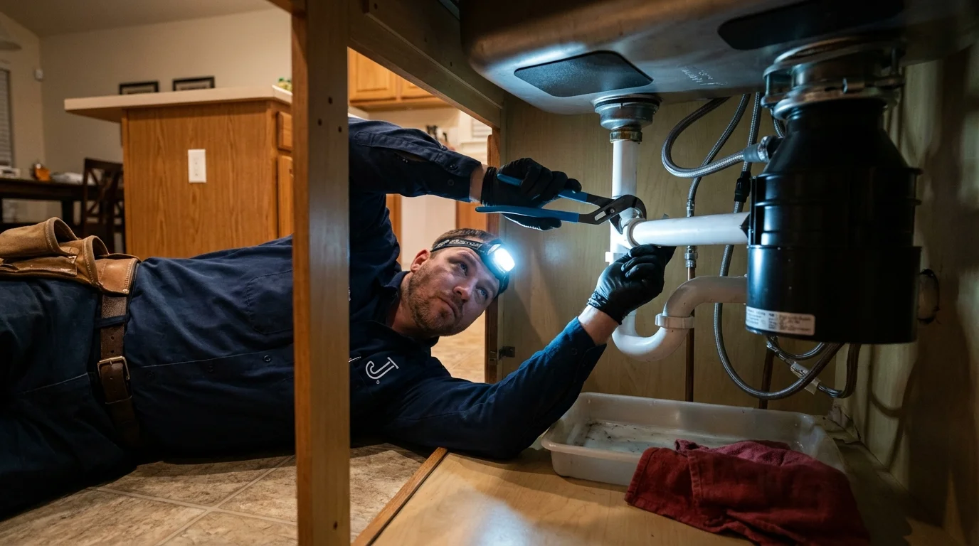 P-trap and supply line connections under a kitchen sink showing a common leak point in Euclid, OH
